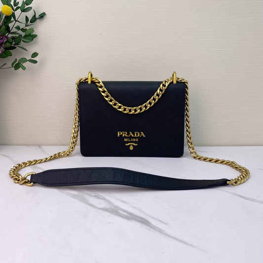 Prada - Saffiano Chain Crossbody Bag - Saffiano leather - Black with Gold-Tone Hardware - (Small)