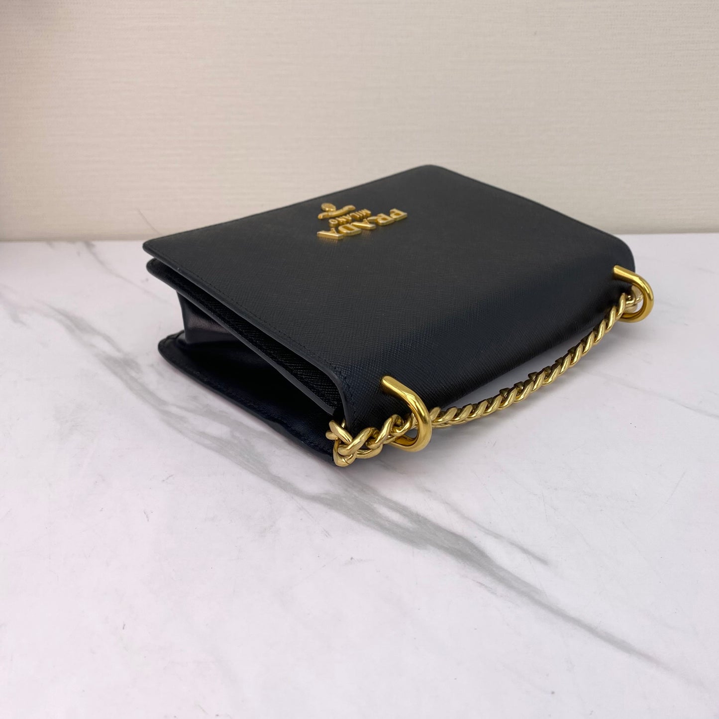 Prada - Saffiano Chain Crossbody Bag - Saffiano leather - Black with Gold-Tone Hardware - (Small)