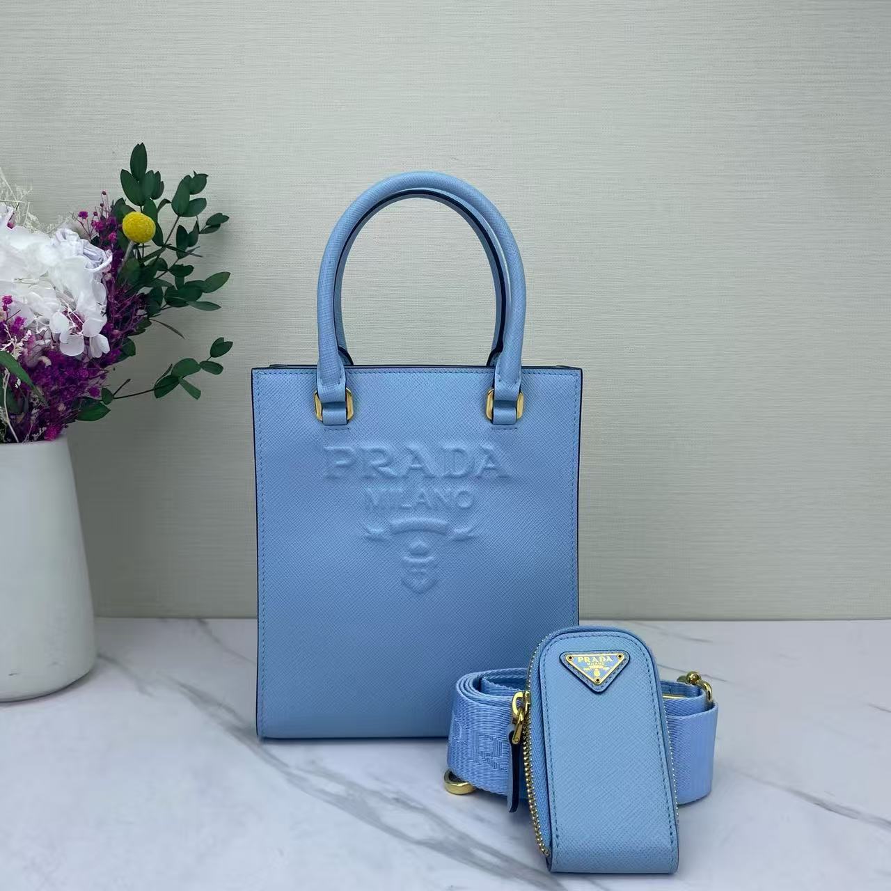 Prada - Saffiano Vertical Tote with Pouch - Saffiano leather - Blue - (small)