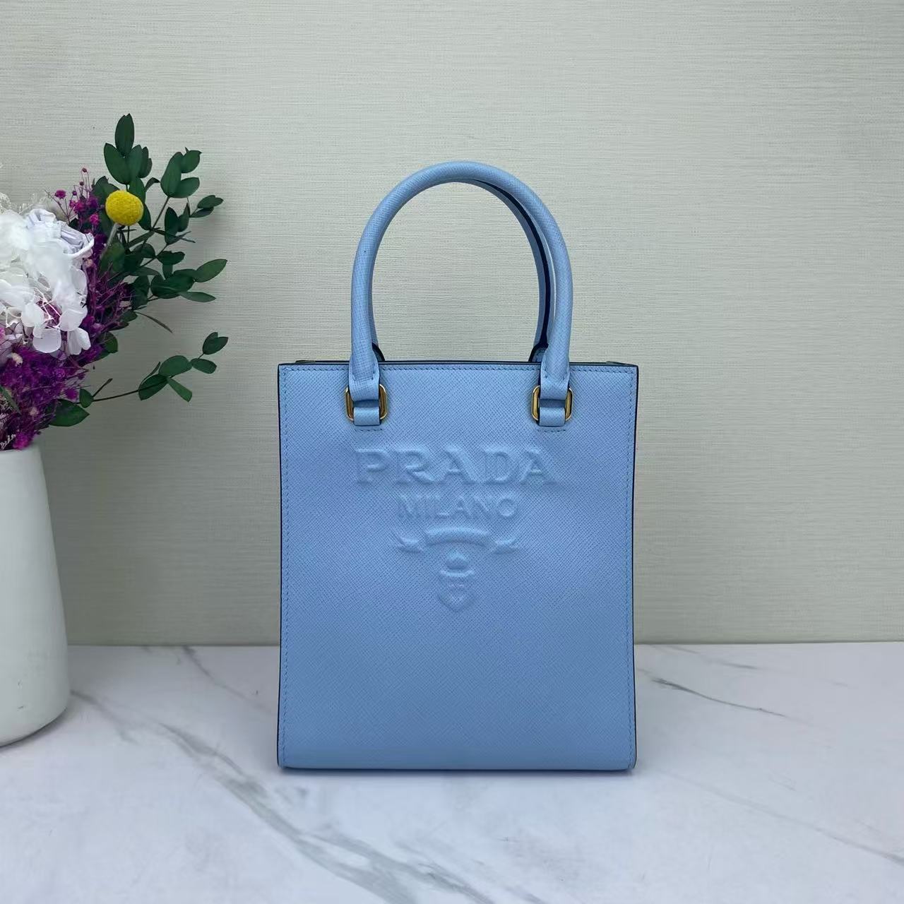 Prada - Saffiano Vertical Tote with Pouch - Saffiano leather - Blue - (small)