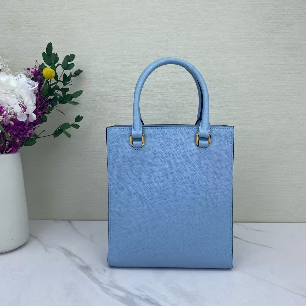 Prada - Saffiano Vertical Tote with Pouch - Saffiano leather - Blue - (small)