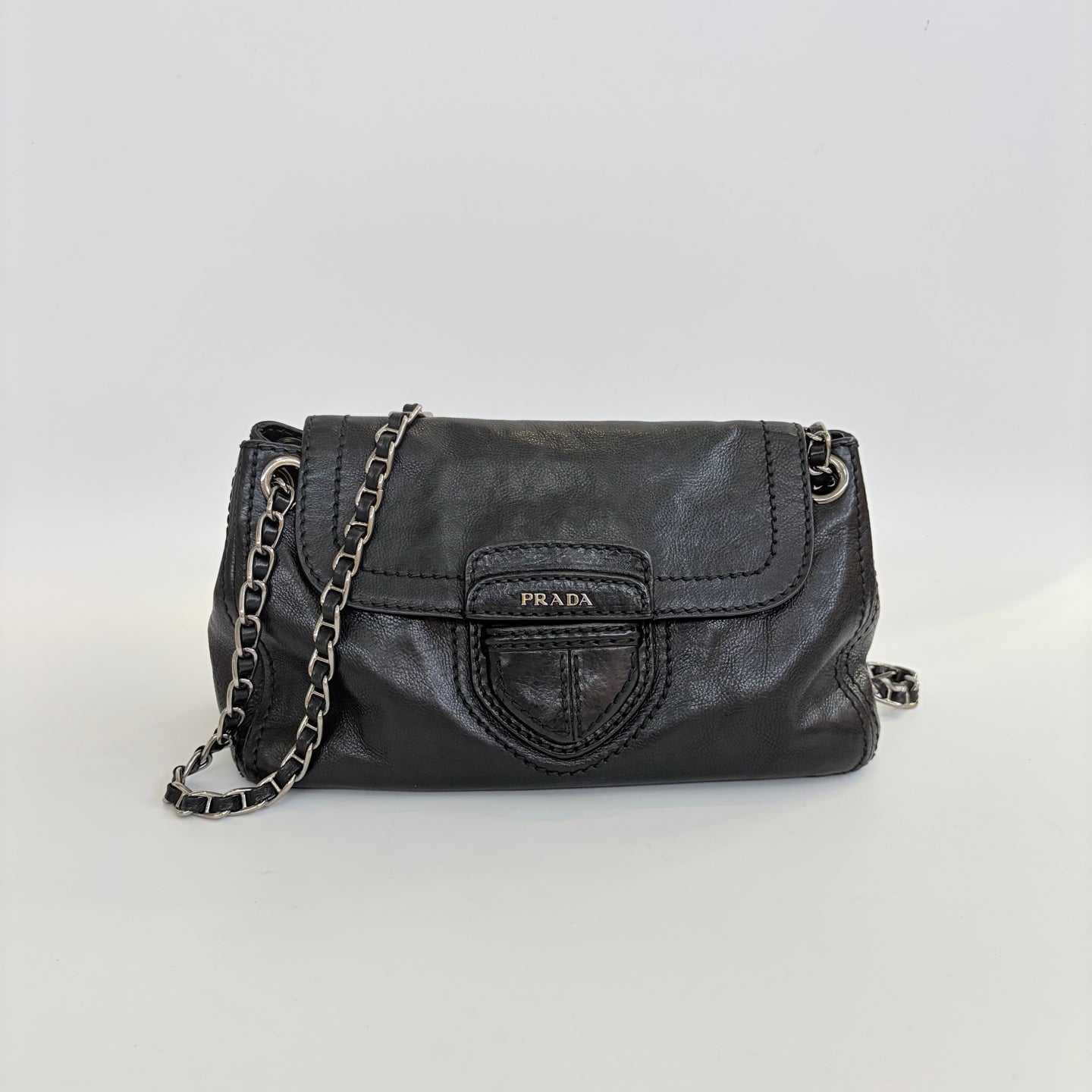 Prada - Shield flap crossbody bag - Leather - Black - (Other)