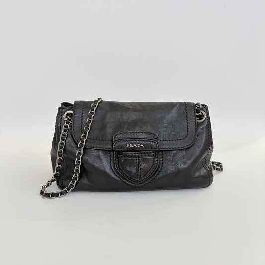 Prada - Shield flap crossbody bag - Leather - Black - (Other)