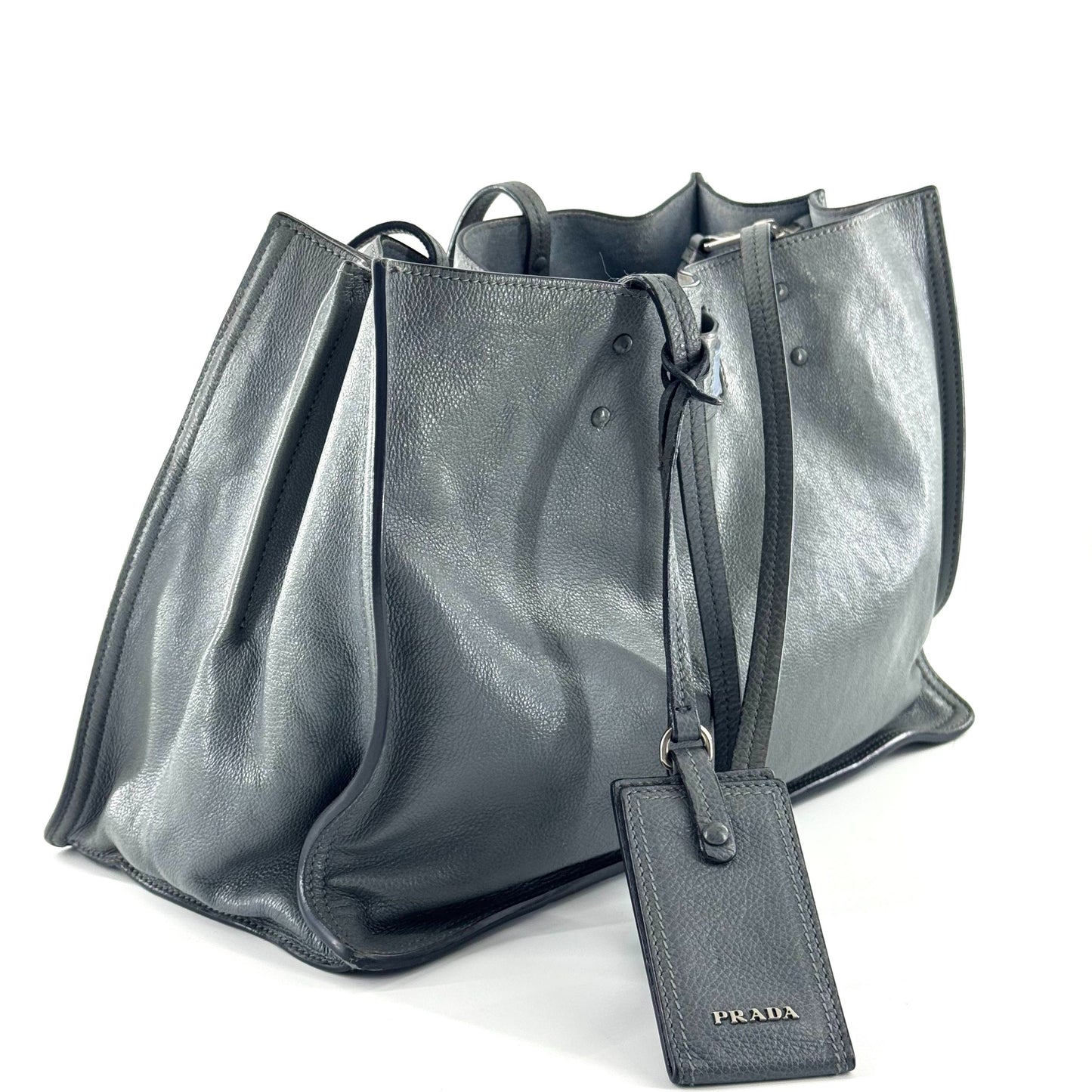 Prada - Soft Leather Tote - Pebbled leather - Blue-Grey - (Medium)
