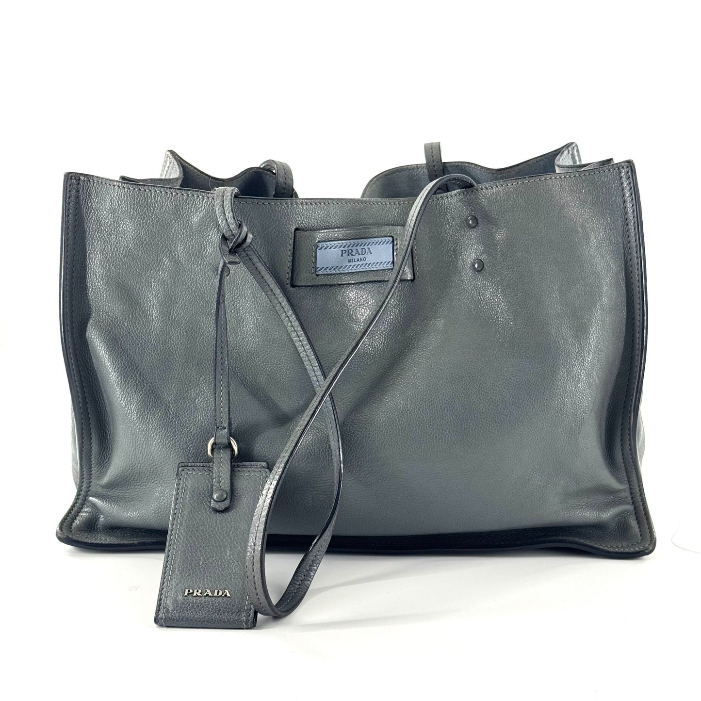 Prada - Soft Leather Tote - Pebbled leather - Blue-Grey - (Medium)
