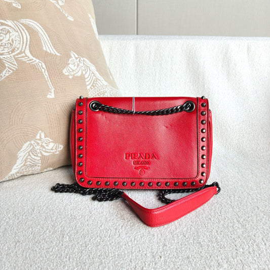 Prada - Studded Flap Chain Shoulder Bag (CF9803) - Cowhide leather - Red - (small)