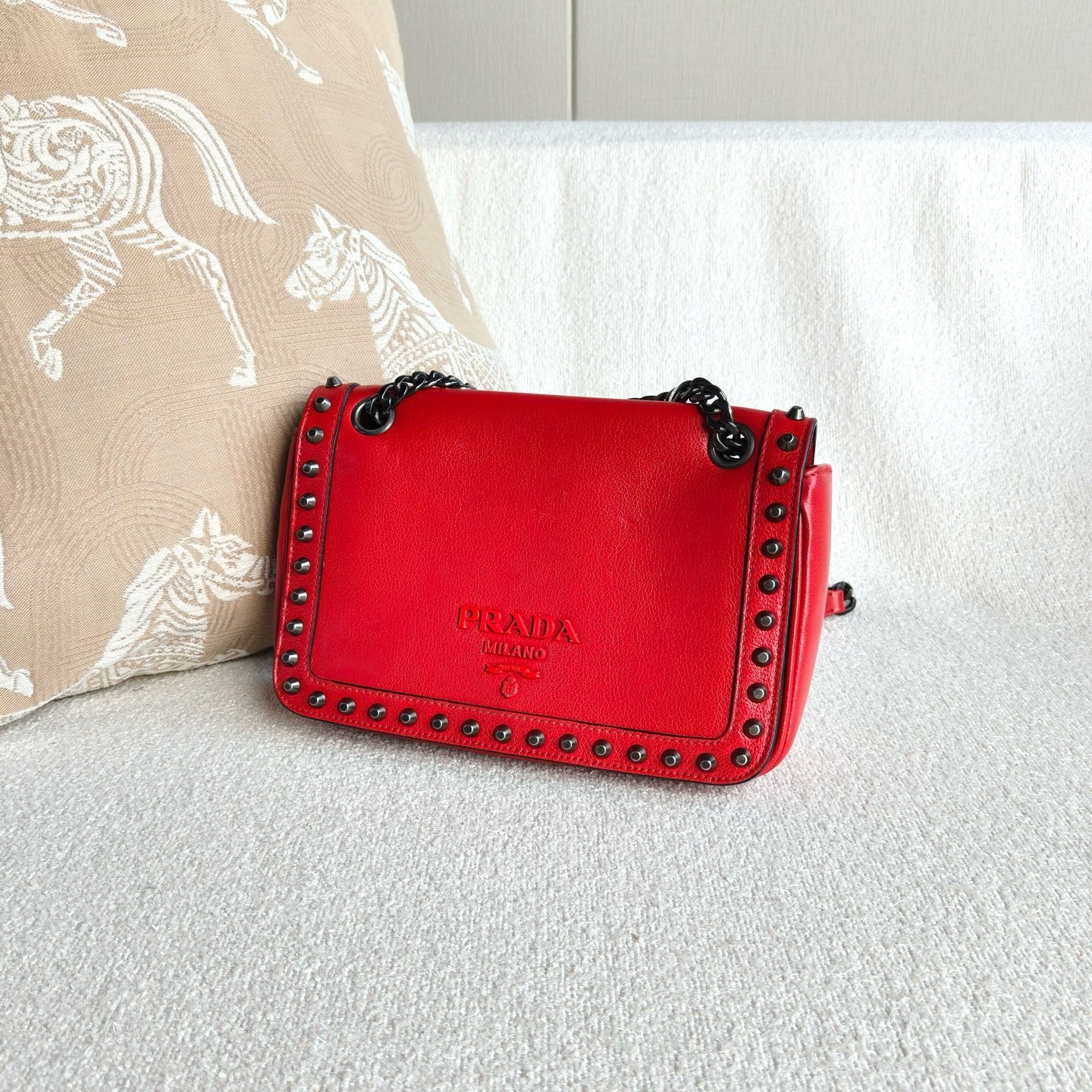 Prada - Studded Flap Chain Shoulder Bag (CF9803) - Cowhide leather - Red - (small)