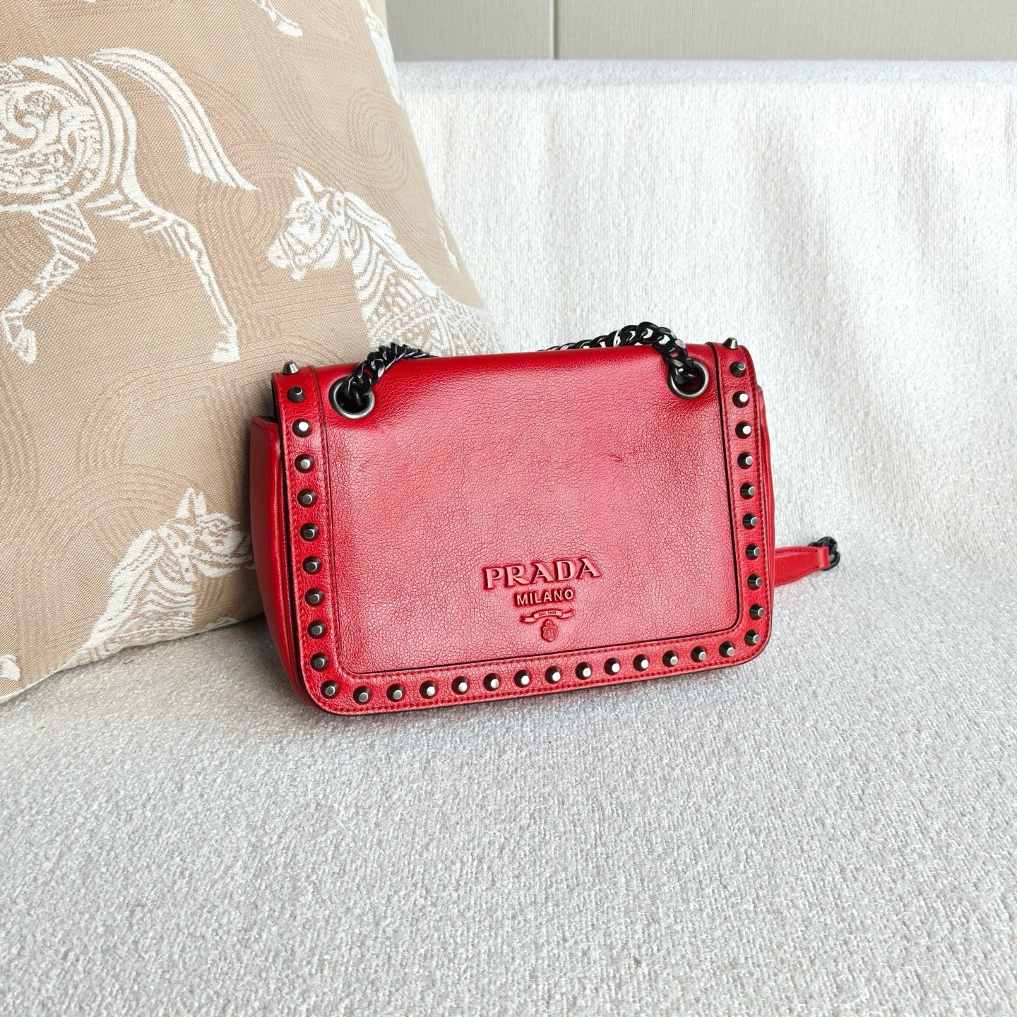 Prada - Studded Flap Chain Shoulder Bag (CF9803) - Cowhide leather - Red - (small)