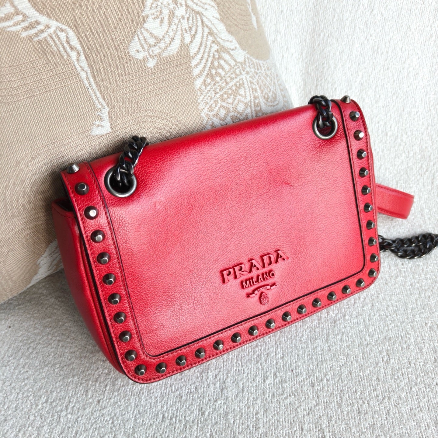 Prada - Studded Flap Chain Shoulder Bag (CF9803) - Cowhide leather - Red - (small)