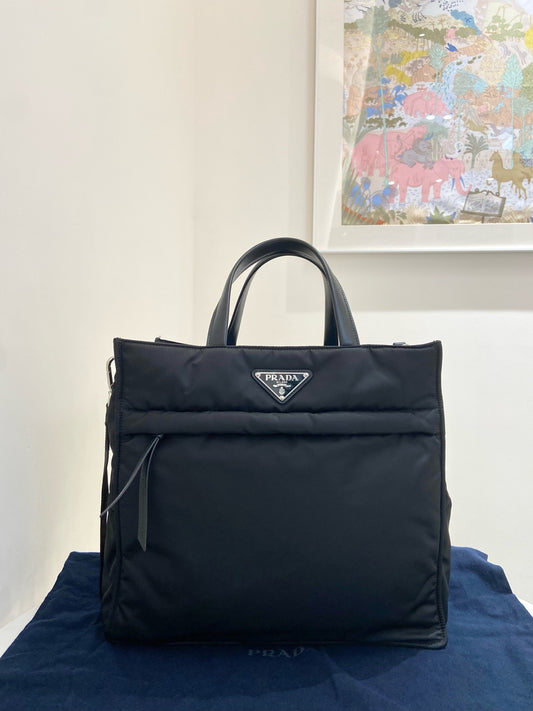 Prada - Triangle Logo Tote Bag - Cloth - Black - (large)