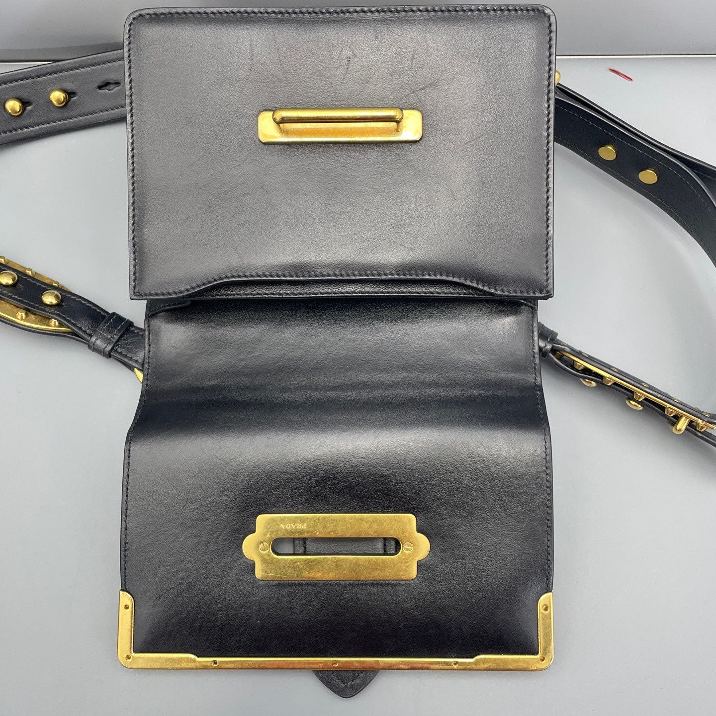 Prada - Trunk Bag - Saffiano leather and smooth leather - Black with Gold-Tone Hardware - (small)