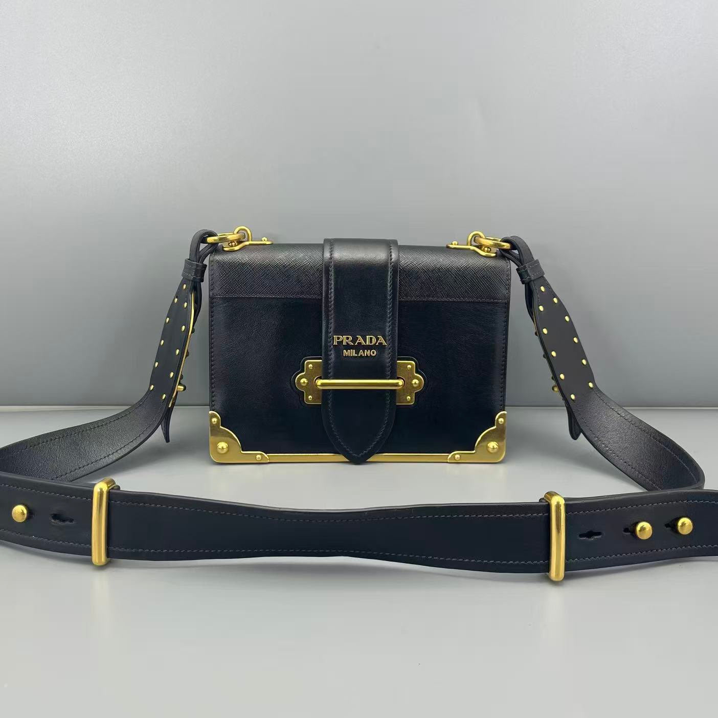 Prada - Trunk Bag - Saffiano leather and smooth leather - Black with Gold-Tone Hardware - (small)