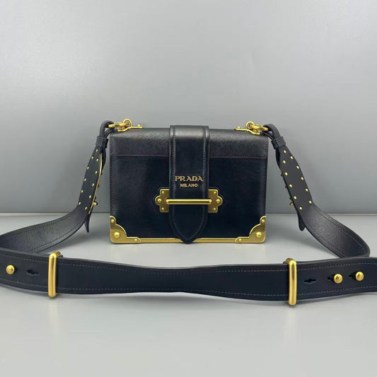 Prada - Trunk Bag - Saffiano leather and smooth leather - Black with Gold-Tone Hardware - (small)