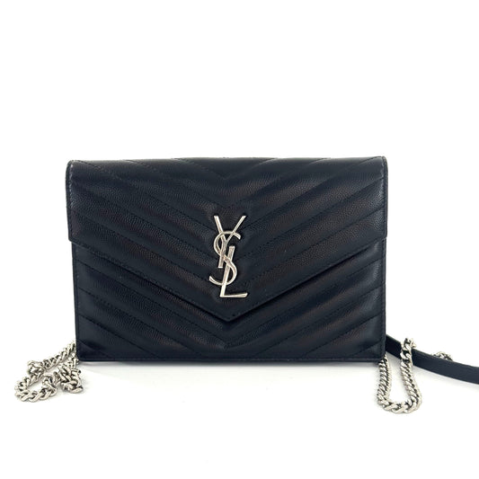 Saint Laurent - Envelope Chain Bag - Grain de poudre embossed calfskin - Black with Silver-Tone Hardware - (Small)