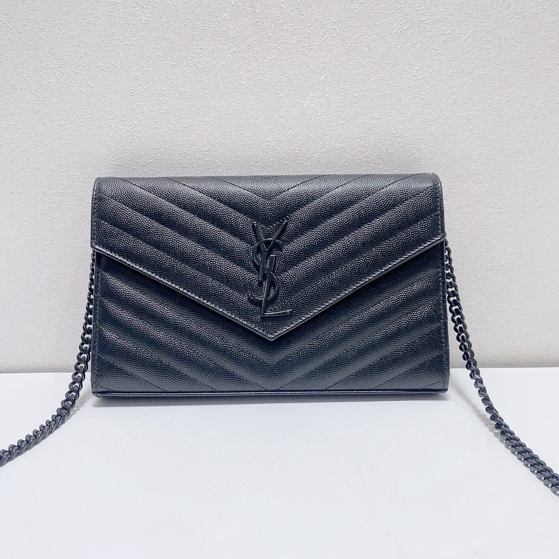 Saint Laurent - Envelope Chain Wallet (So Black) - Grain de poudre embossed leather - Black - (Small)