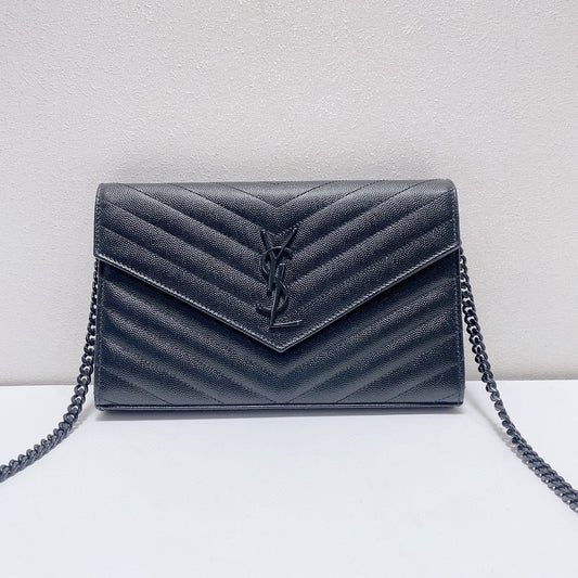 Saint Laurent - Envelope Chain Wallet (So Black) - Grain de poudre embossed leather - Black - (Small)