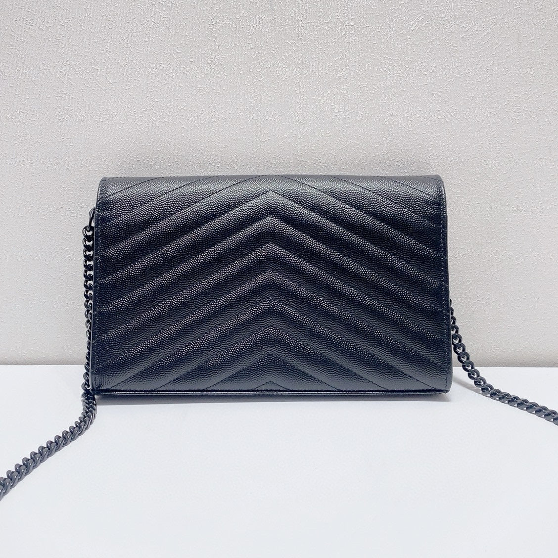 Saint Laurent - Envelope Chain Wallet (So Black) - Grain de poudre embossed leather - Black - (Small)