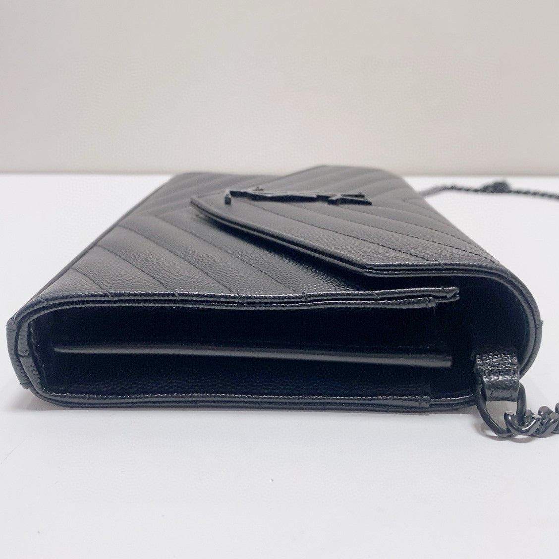 Saint Laurent - Envelope Chain Wallet (So Black) - Grain de poudre embossed leather - Black - (Small)