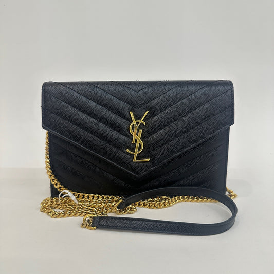 Saint Laurent - Envelope Wallet on Chain - Pebbled leather - Black with Gold-Tone Hardware - (mini)