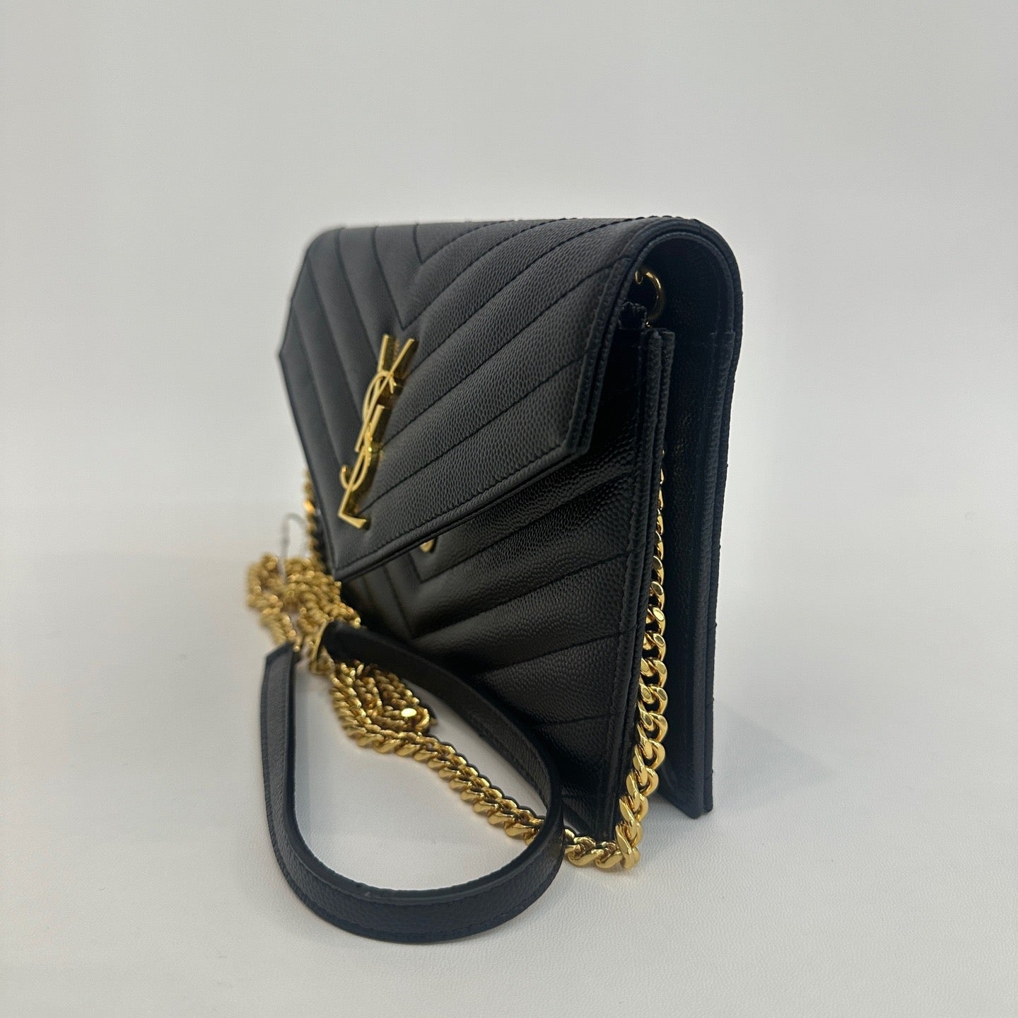 Saint Laurent - Envelope Wallet on Chain - Pebbled leather - Black with Gold-Tone Hardware - (mini)