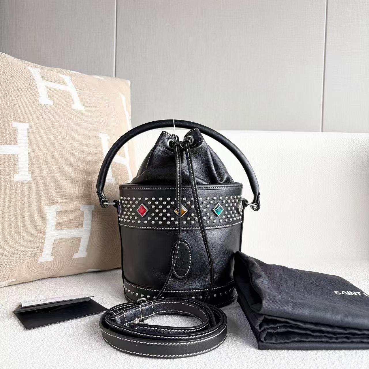 Saint Laurent - Gem-Studded Bucket Bag - Leather - Black - (small)