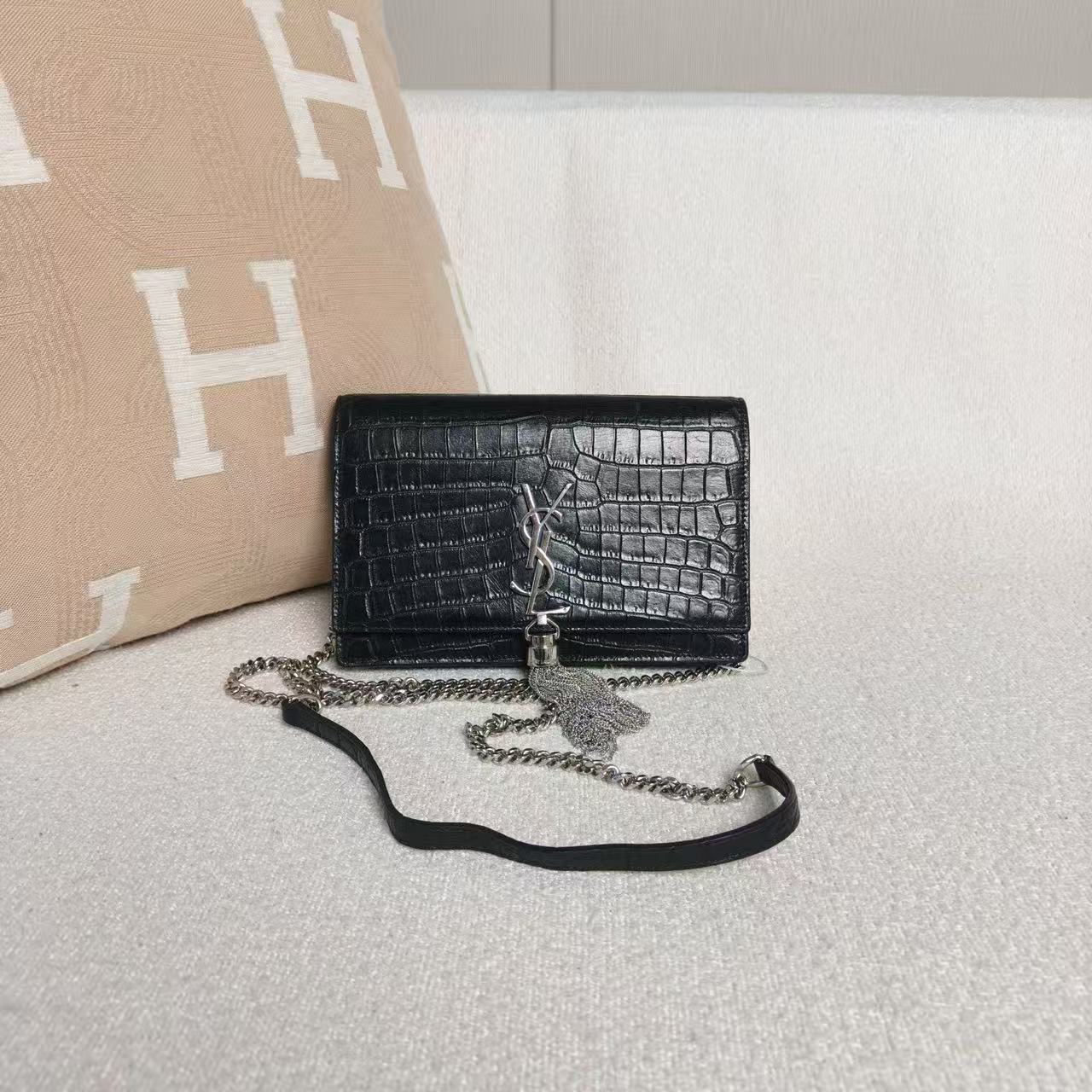 Saint Laurent - Kate - Crocodile-embossed cowhide leather - Black - (Small)
