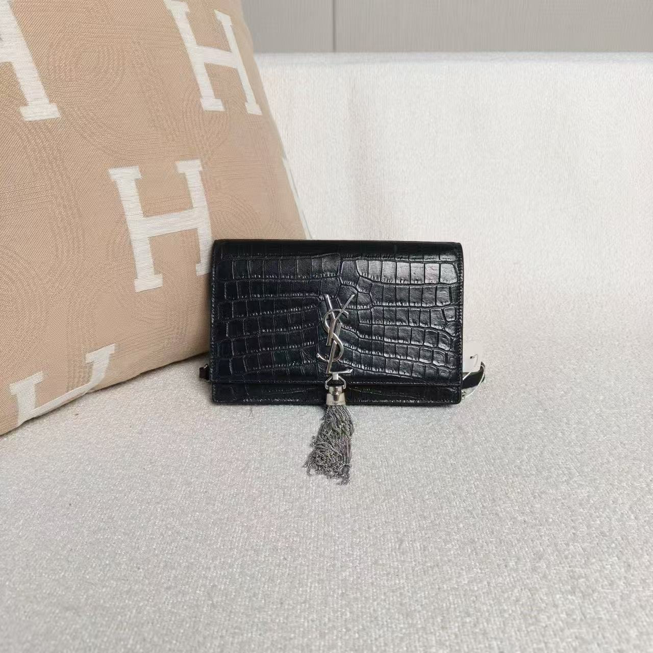 Saint Laurent - Kate - Crocodile-embossed cowhide leather - Black - (Small)