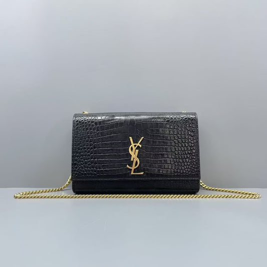 Saint Laurent - Kate - Crocodile embossed leather - Black with Gold-Tone Hardware - (medium)