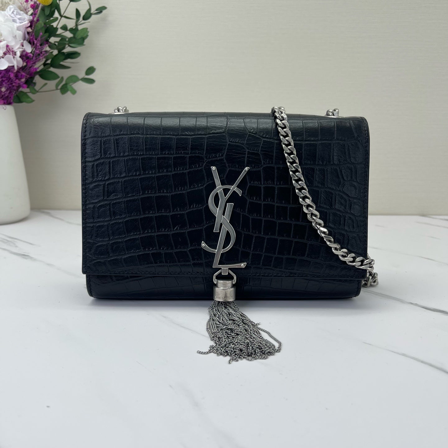 Saint Laurent - Kate - Embossed cowhide leather - Black with Silver-Tone Hardware - (small)