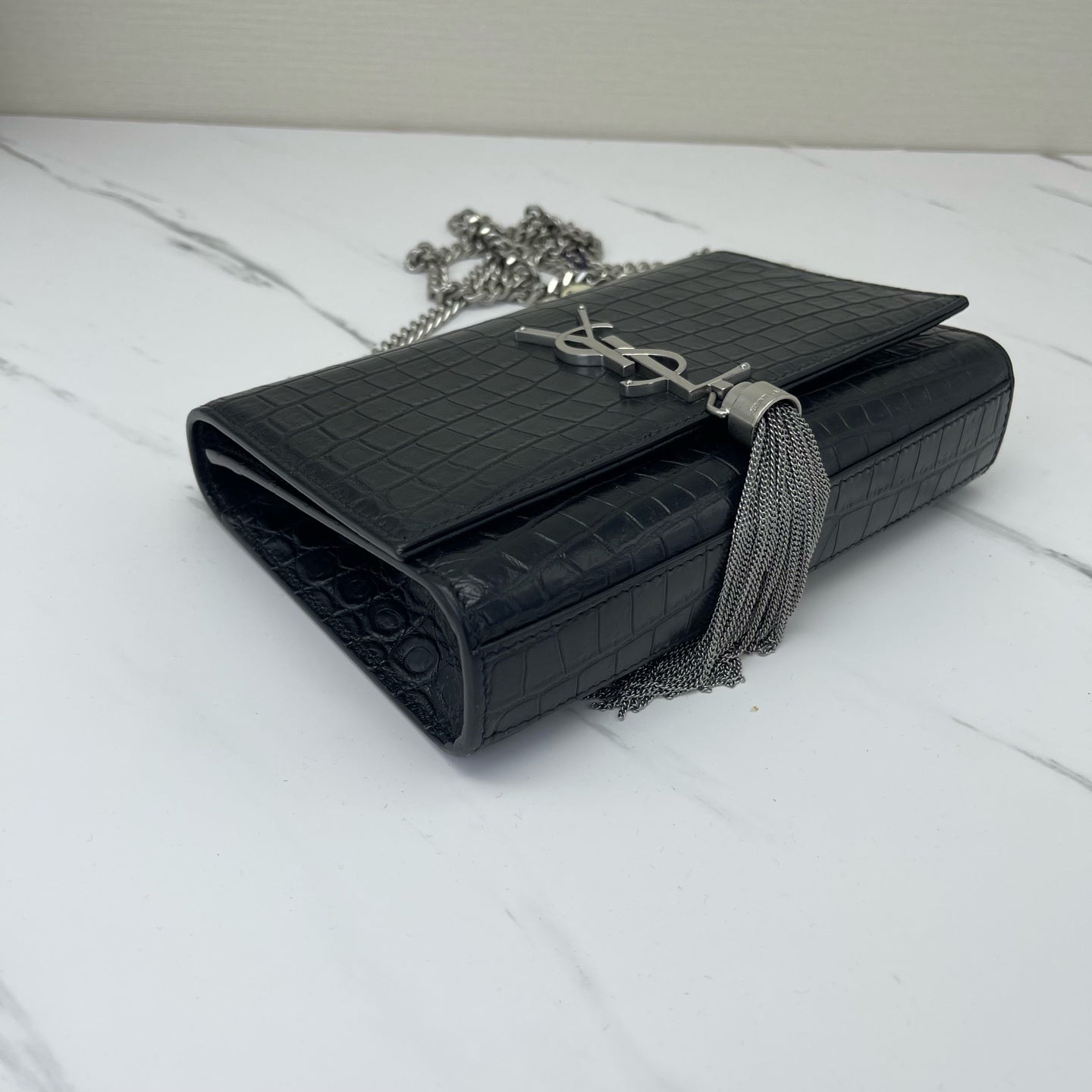 Saint Laurent - Kate - Embossed cowhide leather - Black with Silver-Tone Hardware - (small)