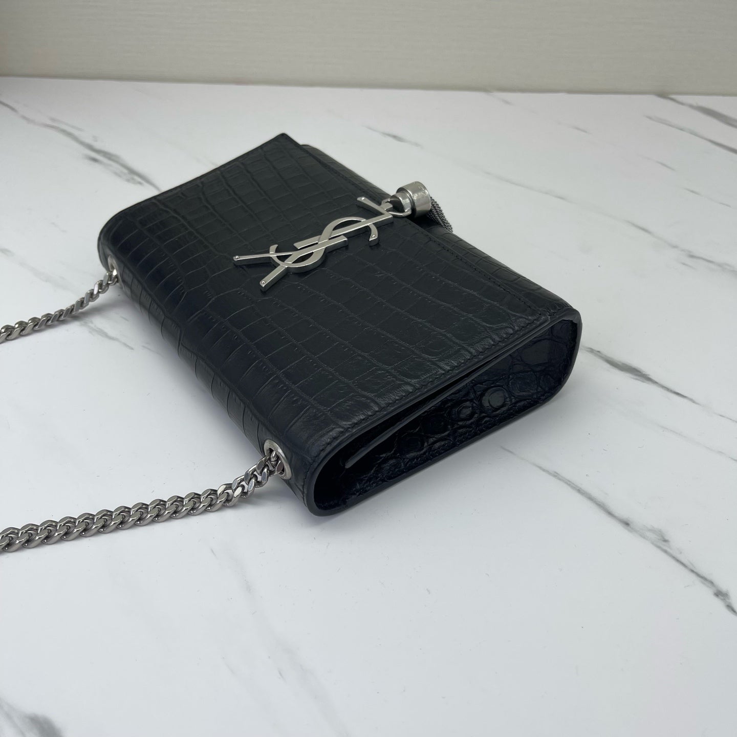 Saint Laurent - Kate - Embossed cowhide leather - Black with Silver-Tone Hardware - (small)