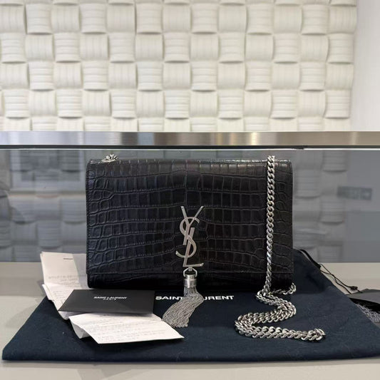 Saint Laurent - Kate Tassel Bag - Calfskin leather with crocodile embossing - Black with Silver-Tone Hardware - (medium)