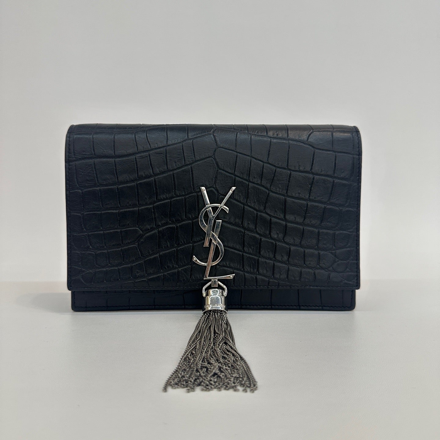 Saint Laurent - Kate Tassel Bag - Calfskin leather with crocodile embossing - Black with Silver-Tone Hardware - (small)