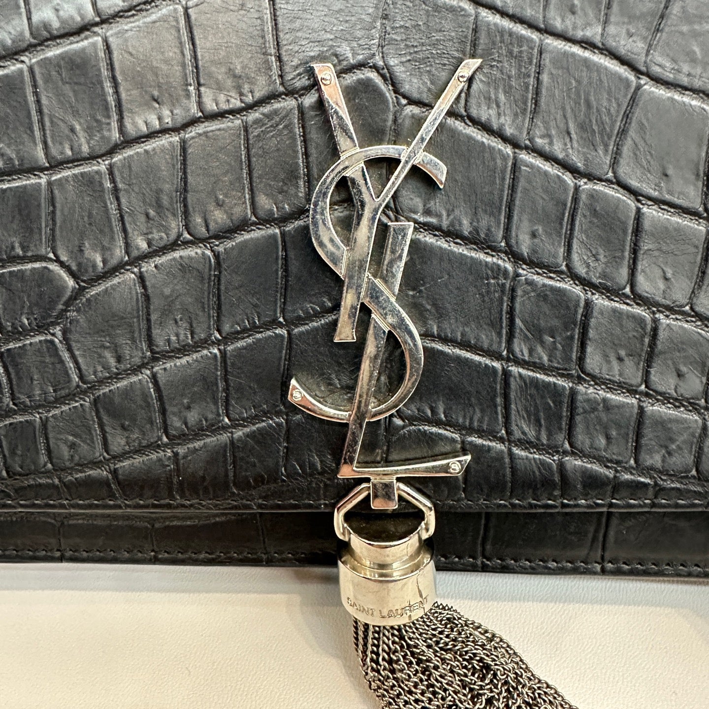 Saint Laurent - Kate Tassel Bag - Calfskin leather with crocodile embossing - Black with Silver-Tone Hardware - (small)