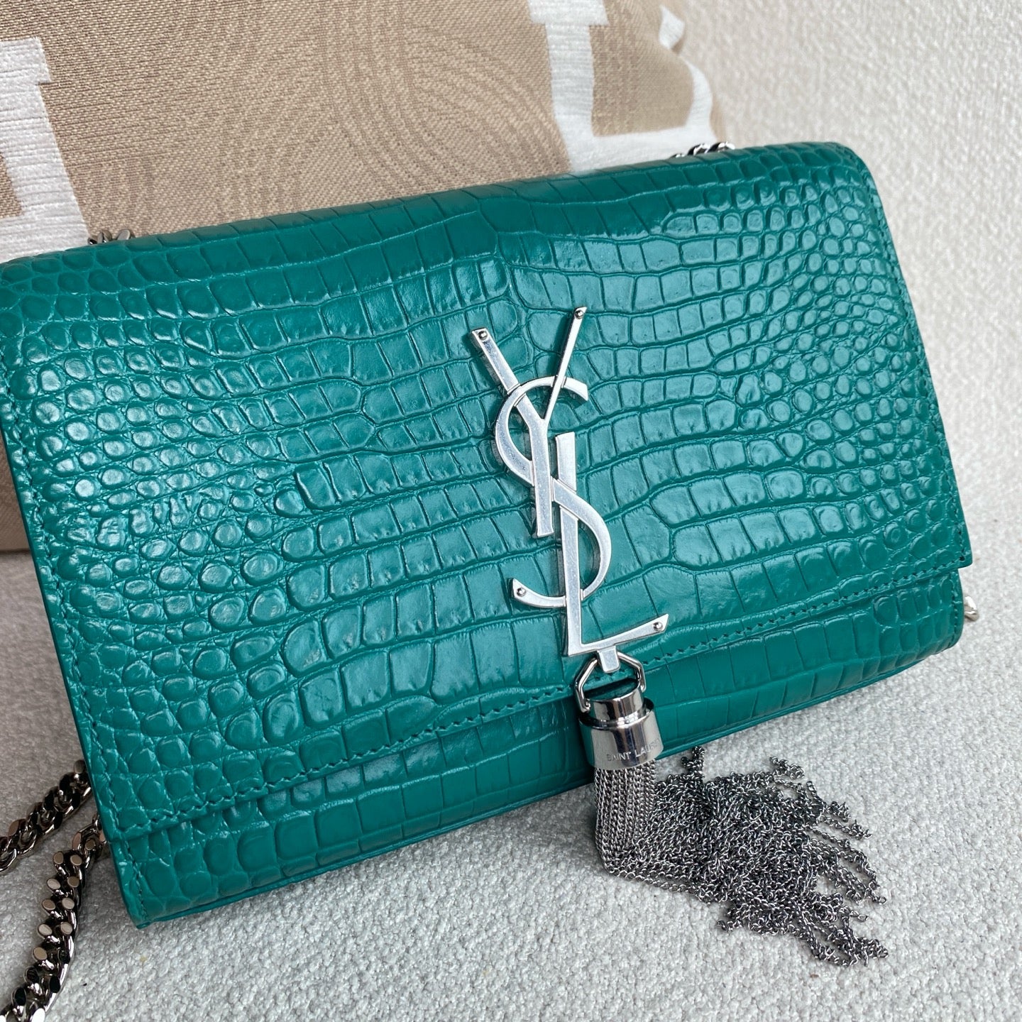 Saint Laurent - Kate Tassel Bag - Crocodile embossed cowhide leather - Lake Green with Silver-Tone Hardware - (small)