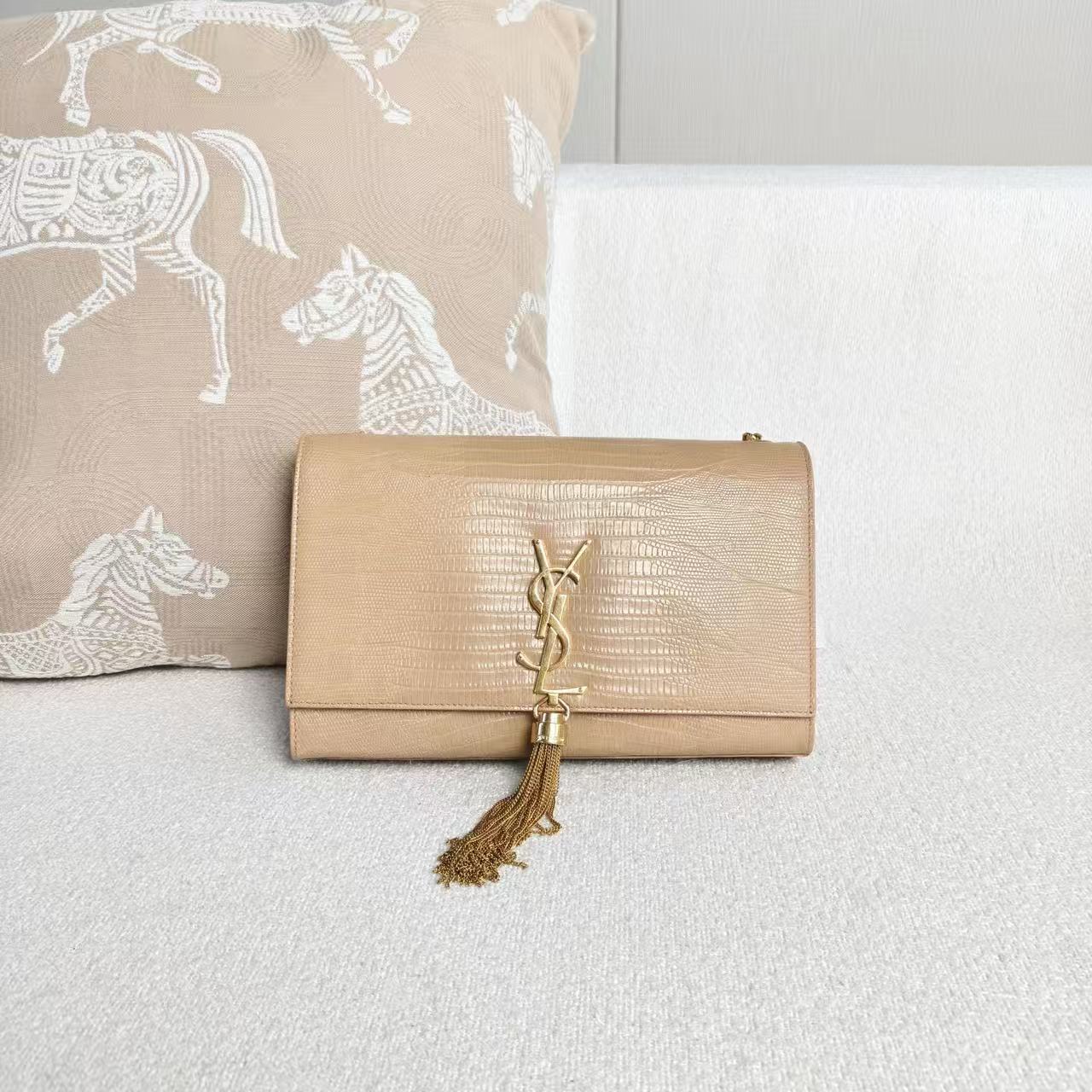 Saint Laurent - Kate Tassel Chain Bag - Calfskin leather with crocodile embossing - Beige - (Medium)
