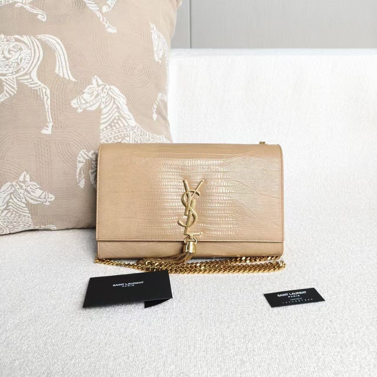 Saint Laurent - Kate Tassel Chain Bag - Calfskin leather with crocodile embossing - Beige - (Medium)
