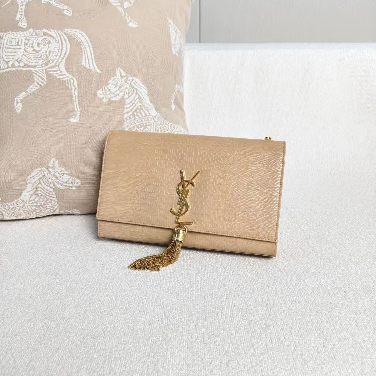 Saint Laurent - Kate Tassel Chain Bag - Calfskin leather with crocodile embossing - Beige - (Medium)