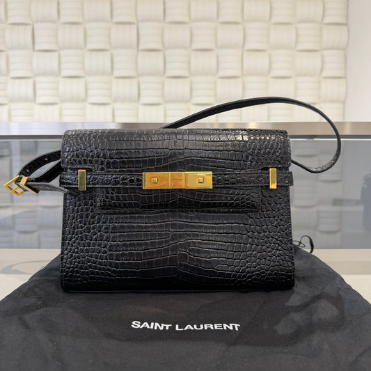 Saint Laurent - Manhattan - Calfskin leather with crocodile embossing - Black - (small)