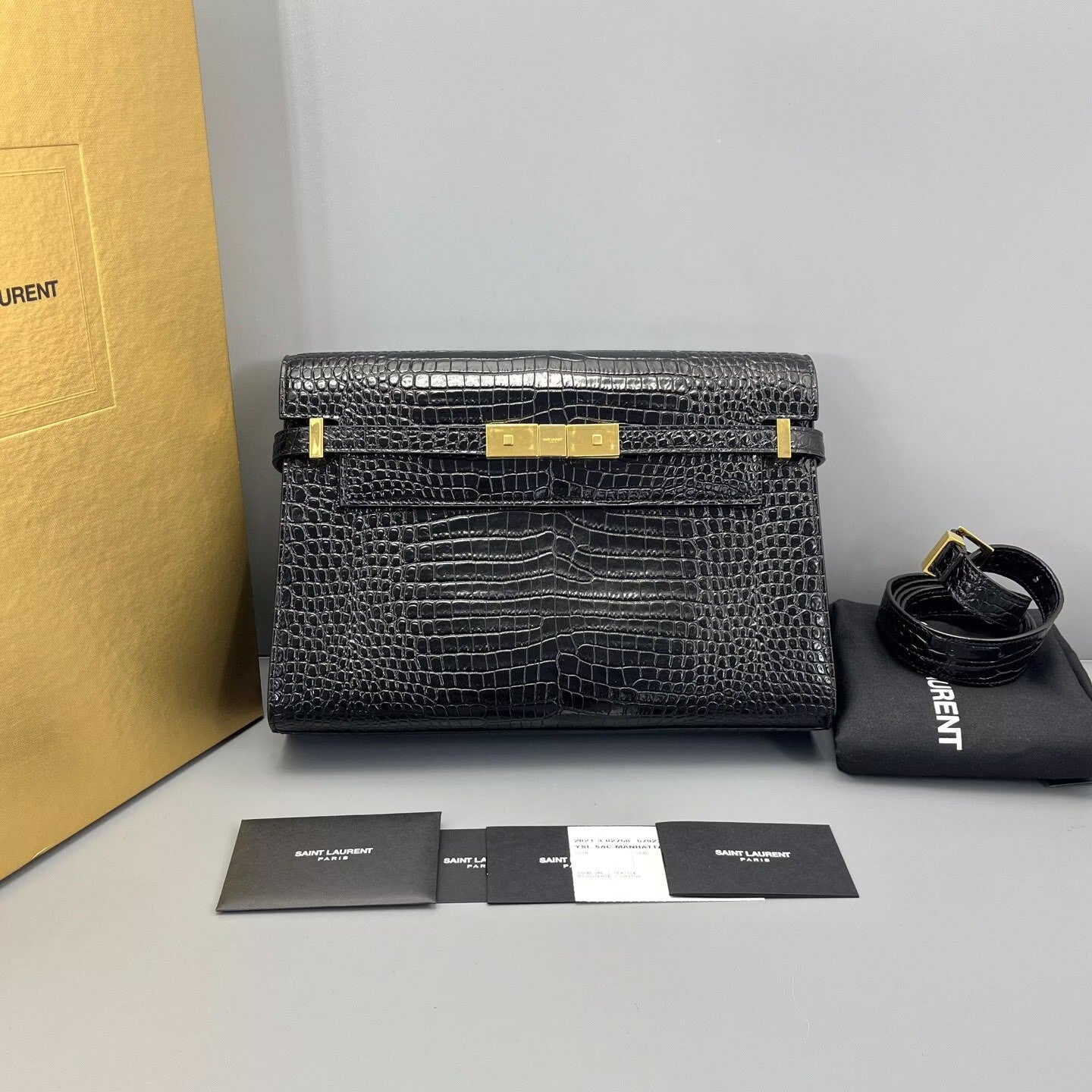 Saint Laurent - Manhattan - Croc-embossed leather - Black with Gold-Tone Hardware - (Medium)