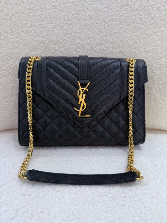 Saint Laurent - Medium Envelope Bag - Grained calfskin leather - Black - (Medium)