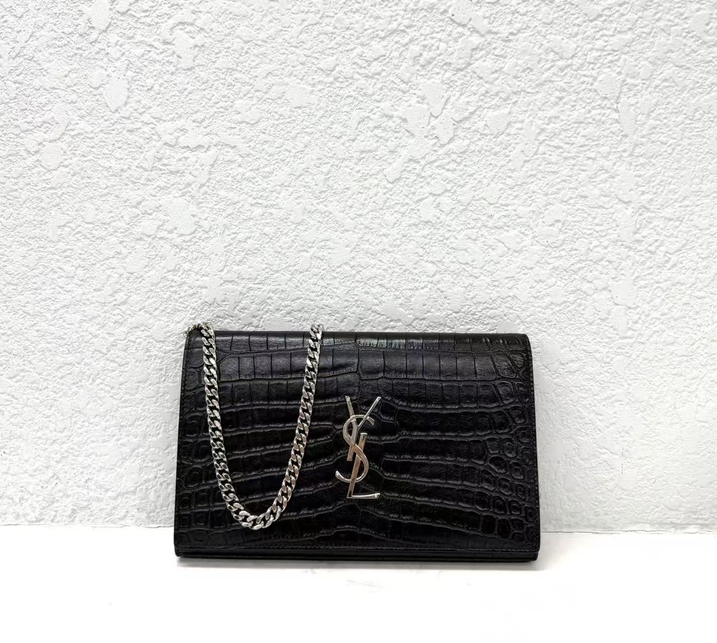 Saint Laurent - Monogram Chain Wallet - Calfskin leather with crocodile embossing - Black with Silver-Tone Hardware - (Small)