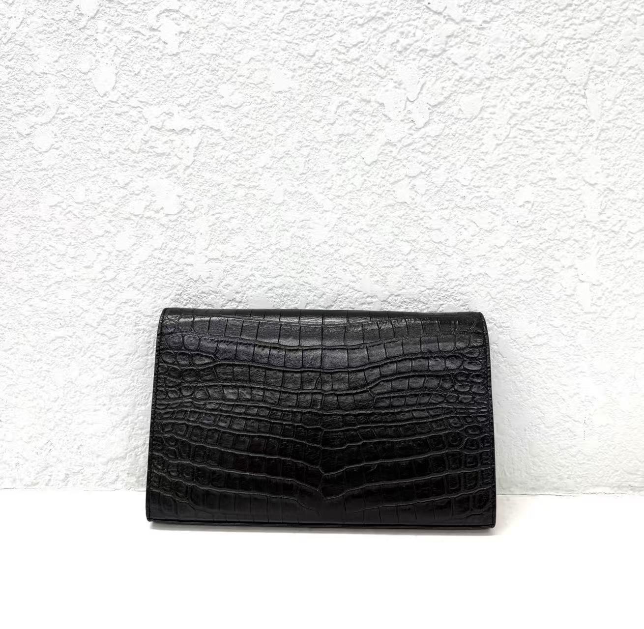 Saint Laurent - Monogram Chain Wallet - Calfskin leather with crocodile embossing - Black with Silver-Tone Hardware - (Small)