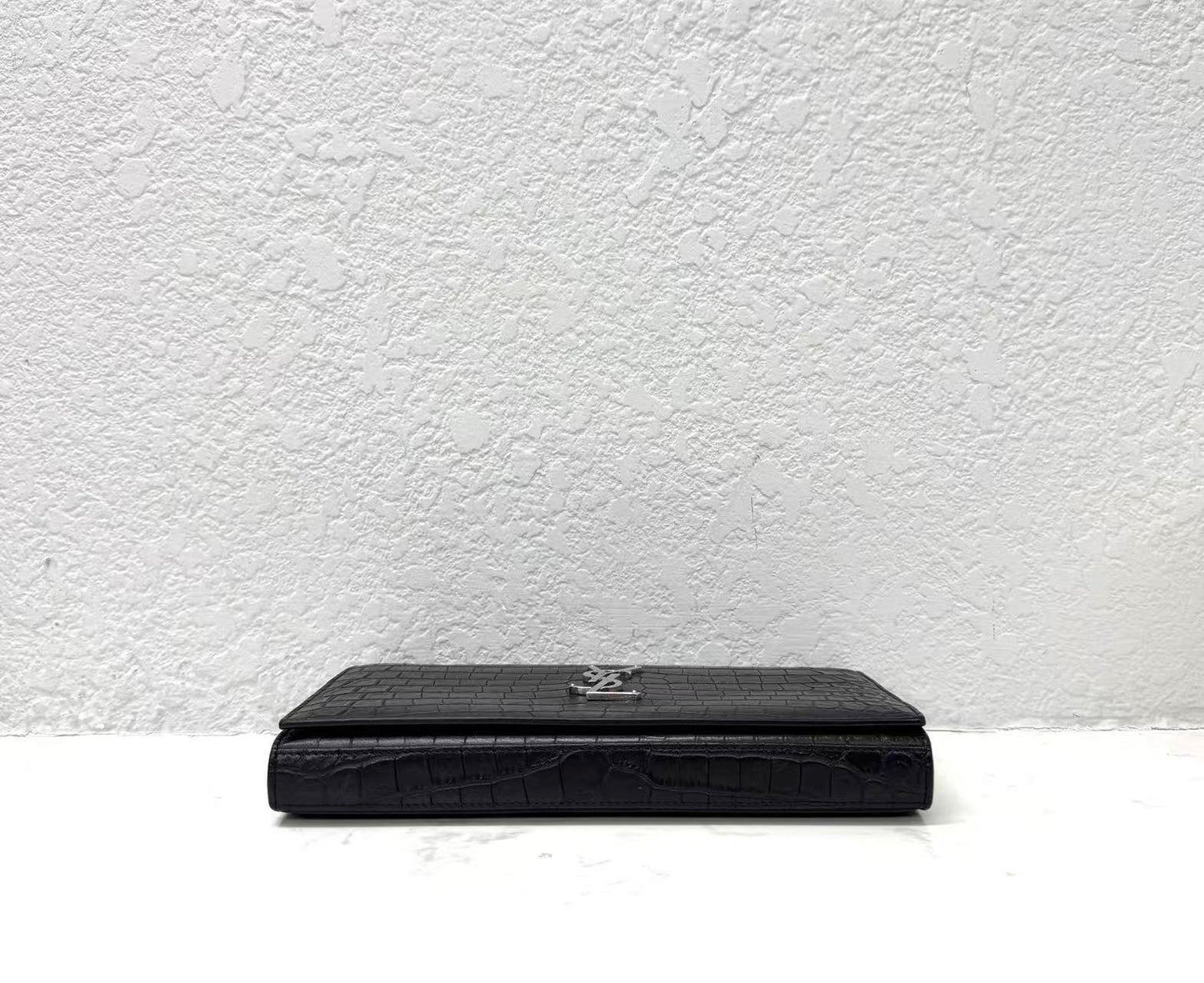 Saint Laurent - Monogram Chain Wallet - Calfskin leather with crocodile embossing - Black with Silver-Tone Hardware - (Small)