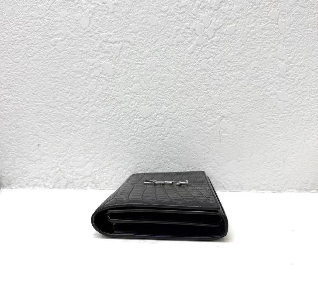 Saint Laurent - Monogram Chain Wallet - Calfskin leather with crocodile embossing - Black with Silver-Tone Hardware - (Small)