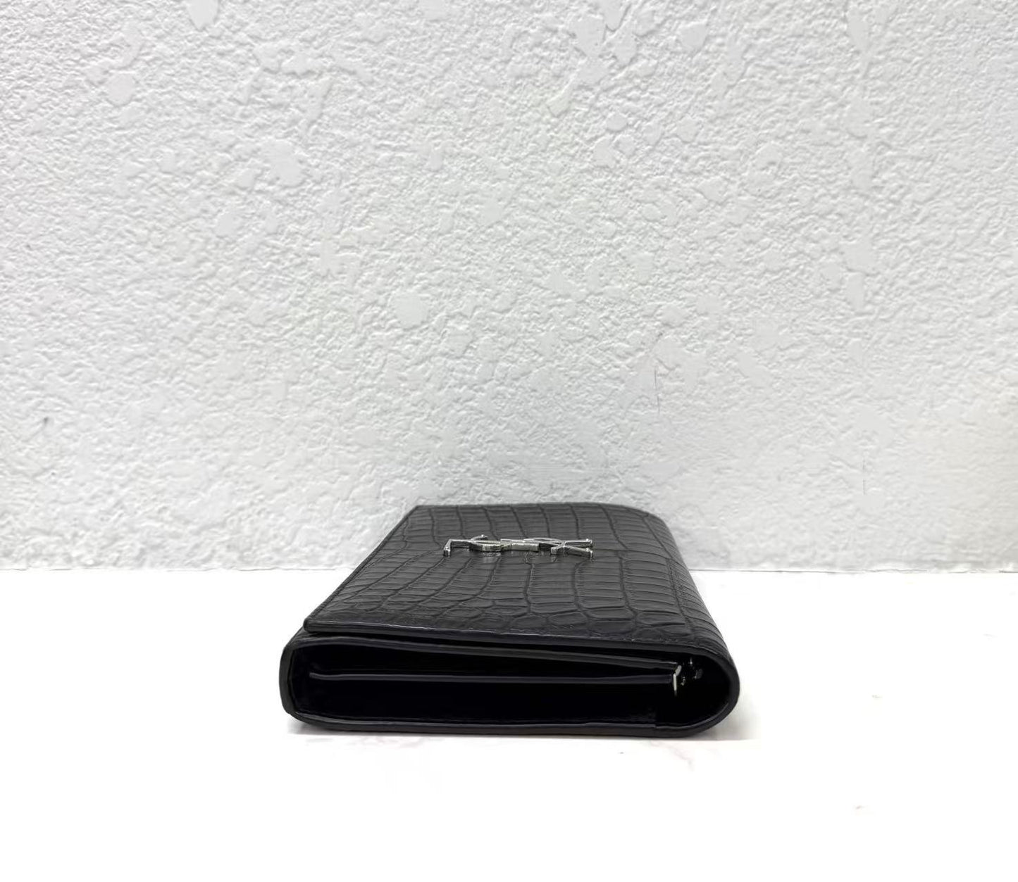 Saint Laurent - Monogram Chain Wallet - Calfskin leather with crocodile embossing - Black with Silver-Tone Hardware - (Small)