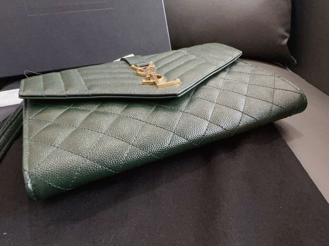 Saint Laurent - Monogram Envelope Clutch - Grained leather - Dark green - (small)
