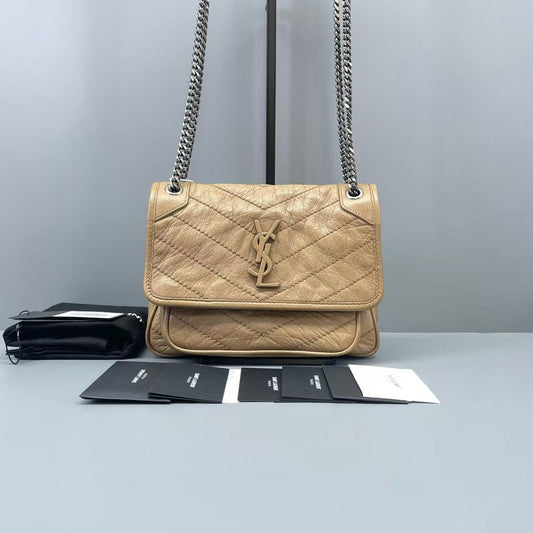 Saint Laurent - Niki Baby - Crinkled calfskin leather - Milk Tea Beige with Silver-Tone Hardware - (Small)