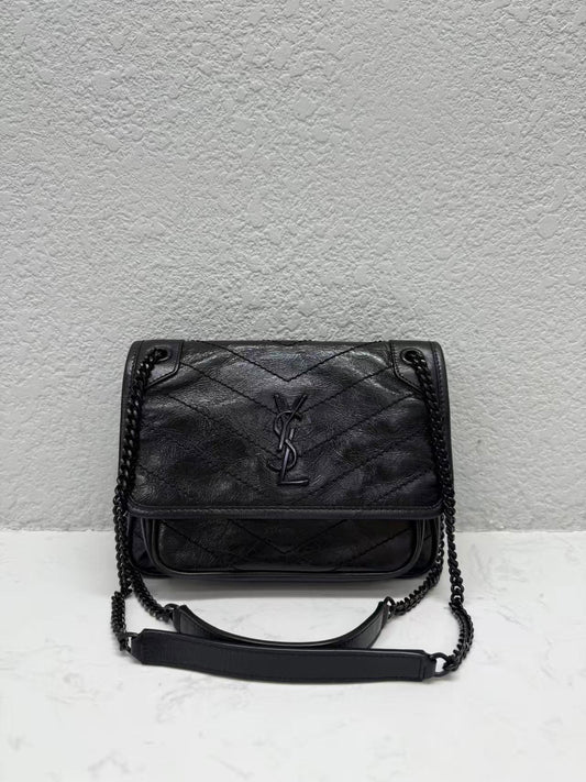 Saint Laurent - Niki Baby - Distressed crinkled leather - Black - (Small)