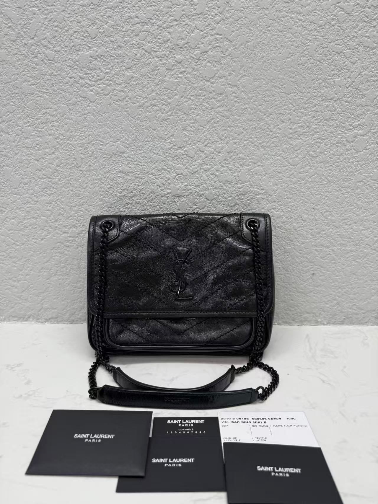 Saint Laurent - Niki Baby - Distressed crinkled leather - Black - (Small)